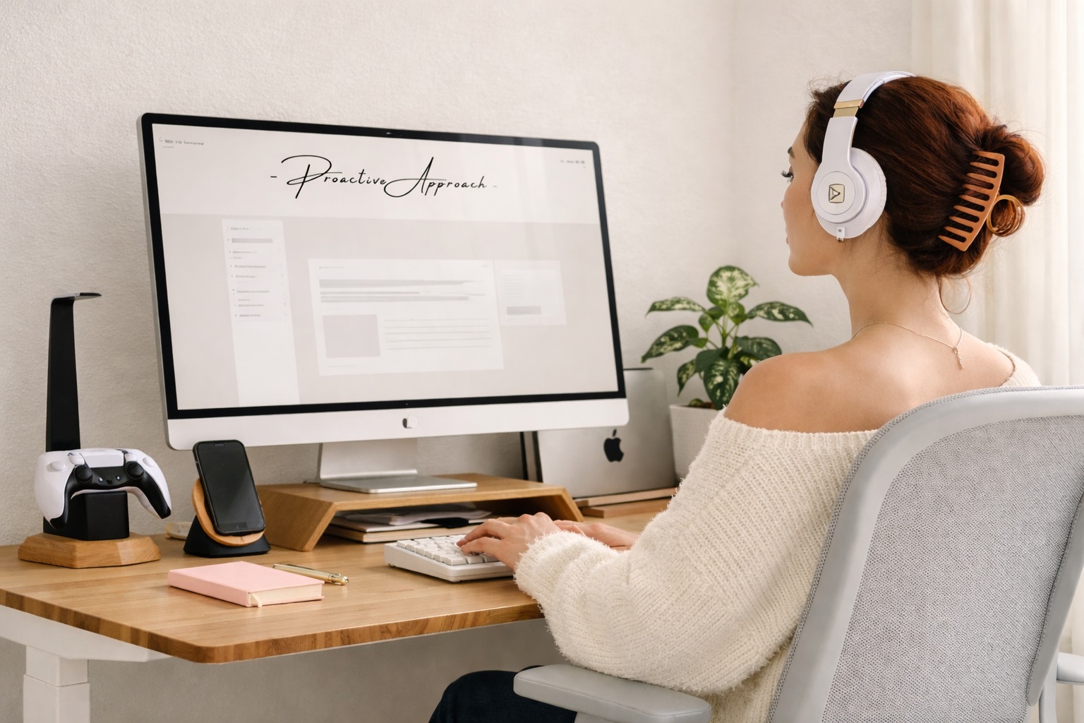 Calm, organised workspace with a woman working confidently at her desk